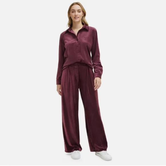 NWT Calvin Klein Womens Velour Pleated Wide Leg Lounge Pull On Pants Maroon 2X L - Picture 1 of 6